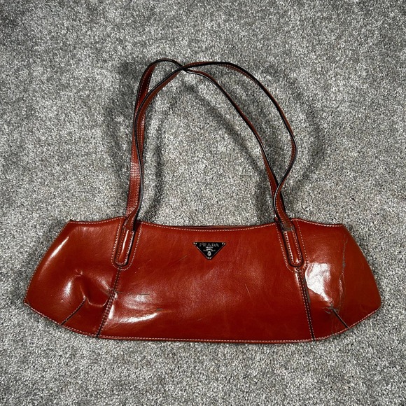 Prada Handbags - Prada Vintage Glazed Leather Shoulder Bag Burnt Orange Baguette Triangle Logo